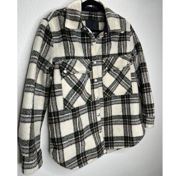Blank NYC Cream Brown Green Plaid Snap Button Collared Shacket S - Picture 6 of 16